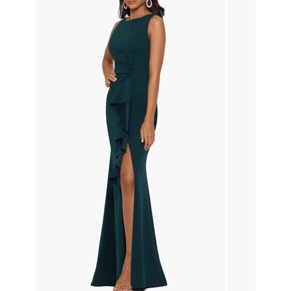 NEW Betsy & Adam Ruffle Bow Trumpet Gown Sleeveless Maxi Dress Pine Green - Picture 2 of 13